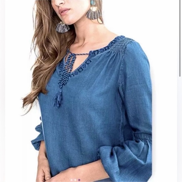 NWOT Southern Tide Chambray Denim Blue Peasant Blouse - Large - Picture 2 of 12